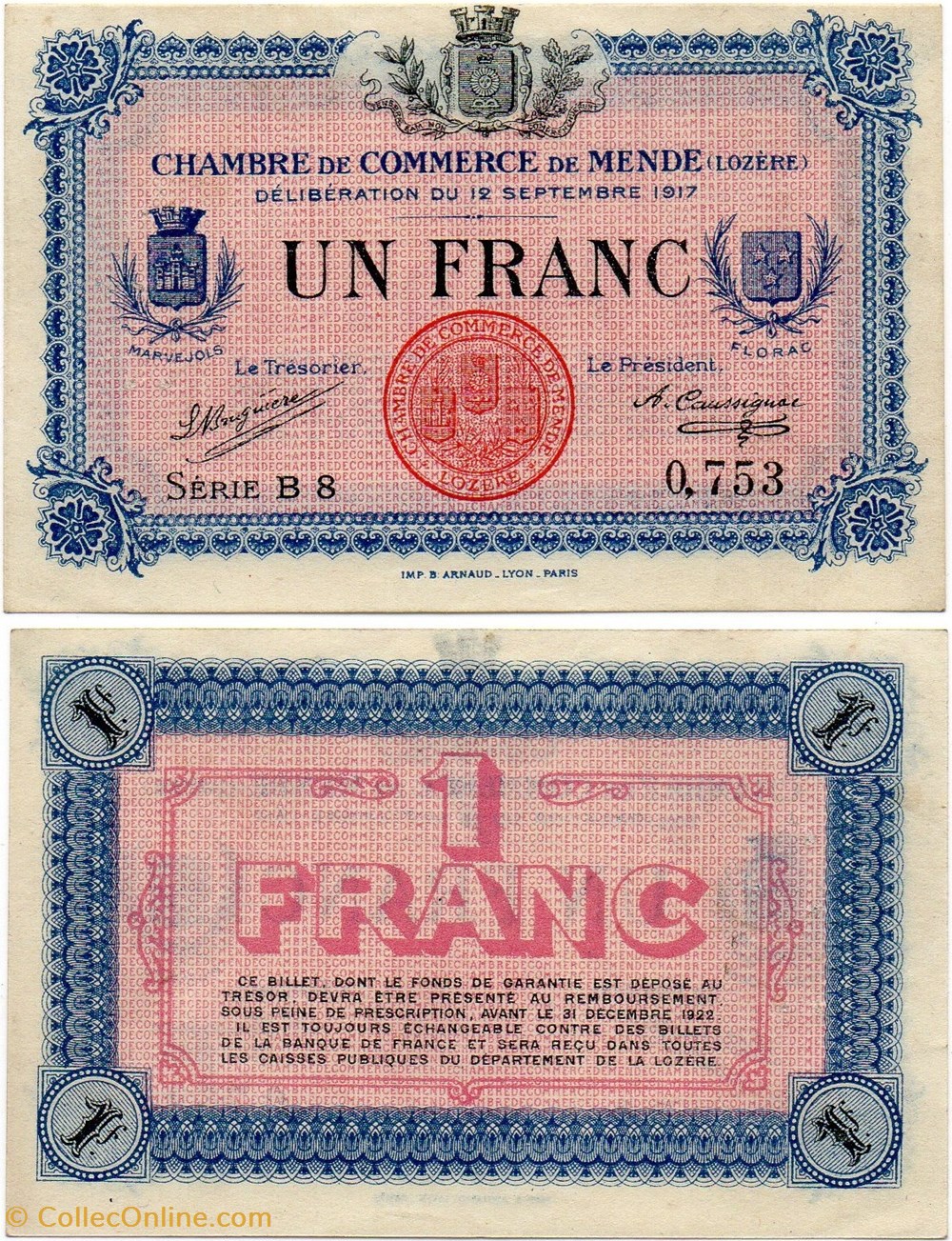 billets europe france 1 franc c c m serie b8