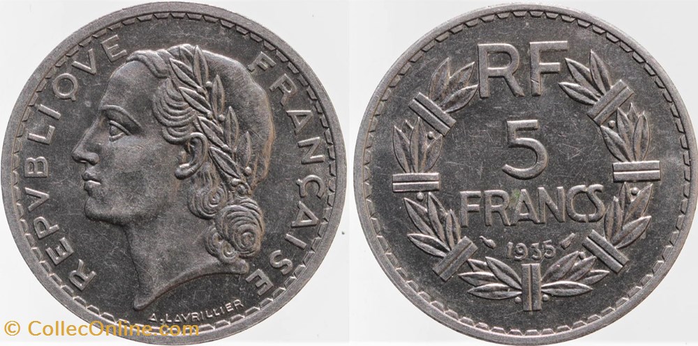 F-336 - Lavrillier - 5 frs nickel, 1935 monnaies monde france f 336 lavrillier 5 frs nickel 1935