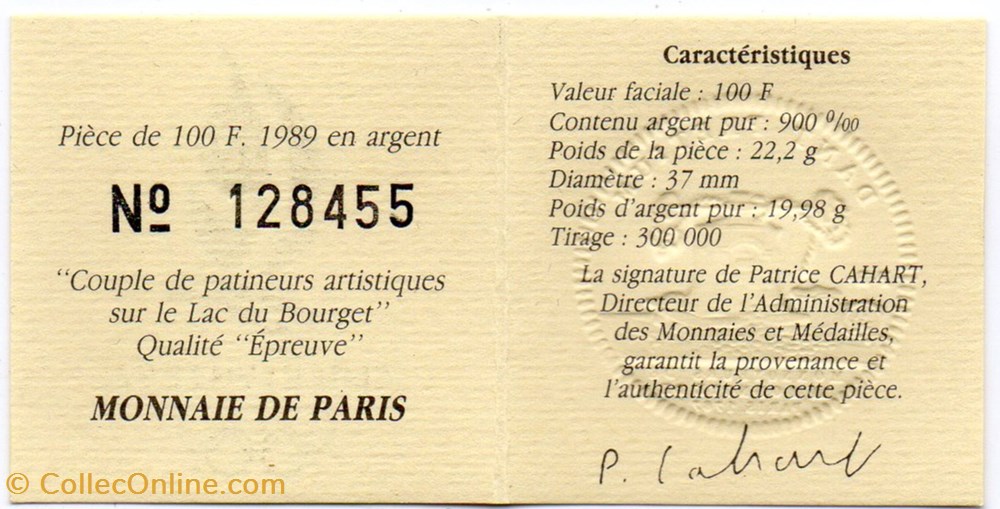 1989 - 100 franc argent B.E. monnaies monde france 1989 100 franc argent b e