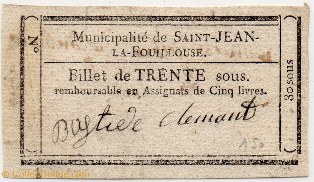 Billet de Confiance - St-JEAN-LA-FOUILLOUSE (Lozère) - 30 sous billets europe france billet de confiance st jean la fouillouse lozere 30 sous