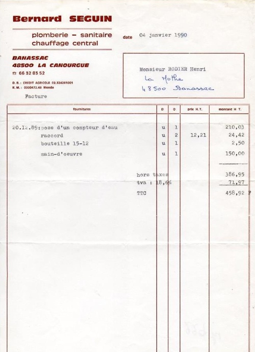 Seguin Bernard (1990) documents anciens factures commerciaux seguin bernard 1990