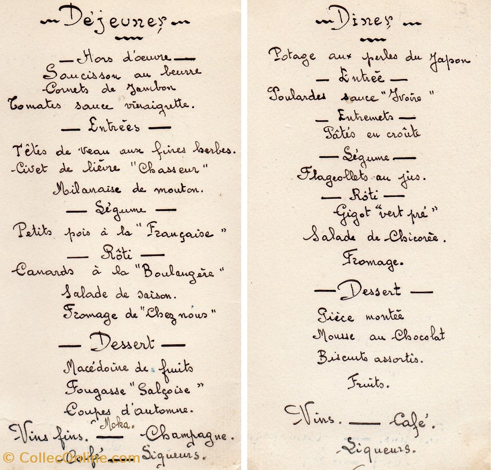 1949 - Menu de mariage, aux Salces documents anciens menus 1949 menu de mariage aux salces