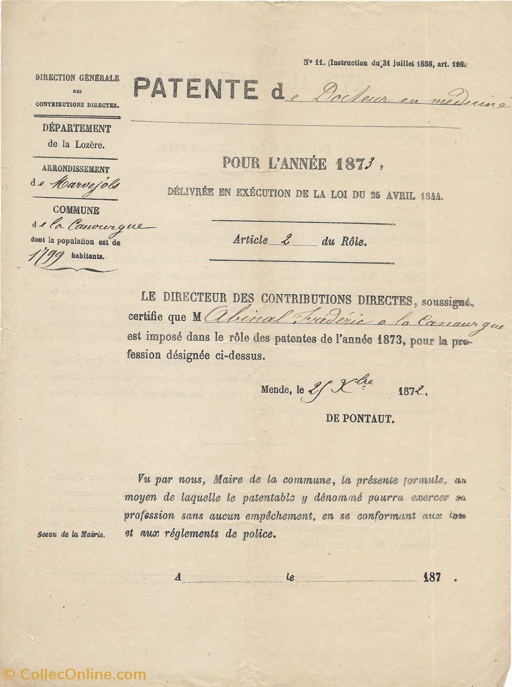 1872 - Patente de docteur en médecine documents anciens autres 1872 patente de docteur en medecine