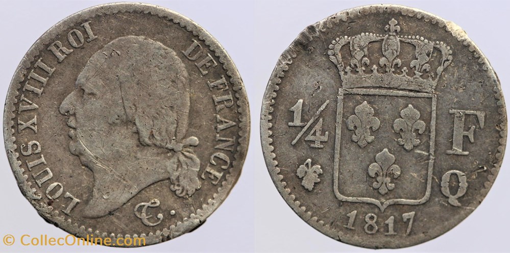F-163 - Louis XVIII - 1/4 de franc - 1817 Q monnaies monde france f 163 louis xviii 1 4 de franc 1817 q