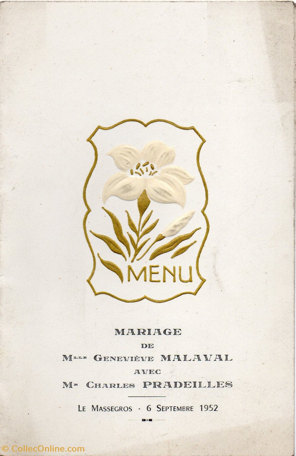 1952 - Menu de mariage au Massegros documents anciens menus 1952 menu de mariage au massegros