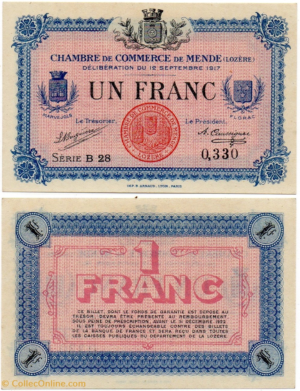 billets europe france 1 franc c c m serie b28