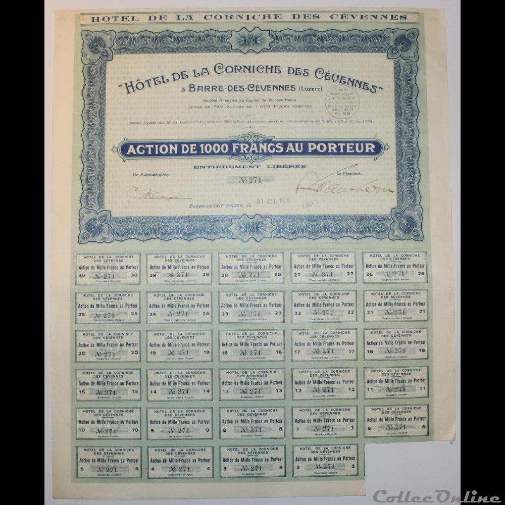 1930 - Barre-des-Cévennes vieux papier action titre montre ancienne 1930 barre des cevennes