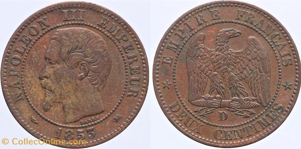 F-107 - Second Empire - 2 centimes - 1853 D monnaies monde france f 107 second empire 2 centimes 1853 d