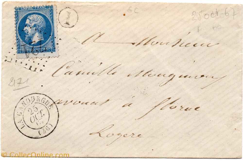 1867 - Cachet type 15 + G.C. 721 + B.R. I documents anciens marques postales europe 1867 cachet type 15 g c 721 b r i