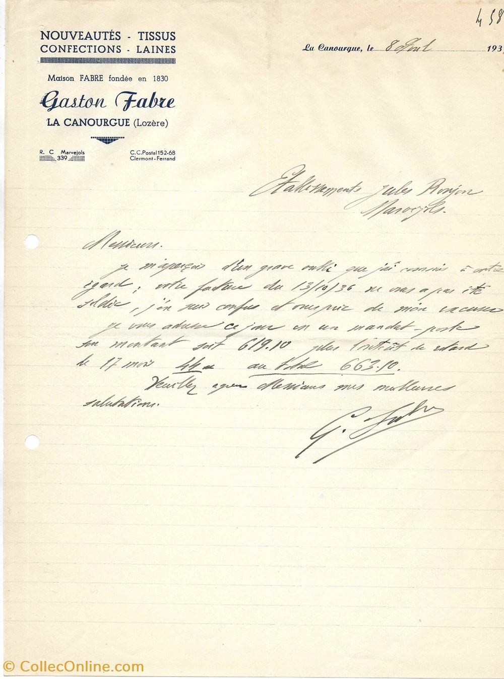 Fabre Gaston (1938) vieux papiers factures documents commerciaux fabre gaston 1938