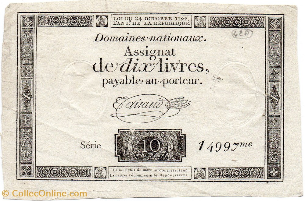 Assignat de 10 livres - 24 octobre 1792 billets europe france assignat de 10 livres 24 octobre 1792