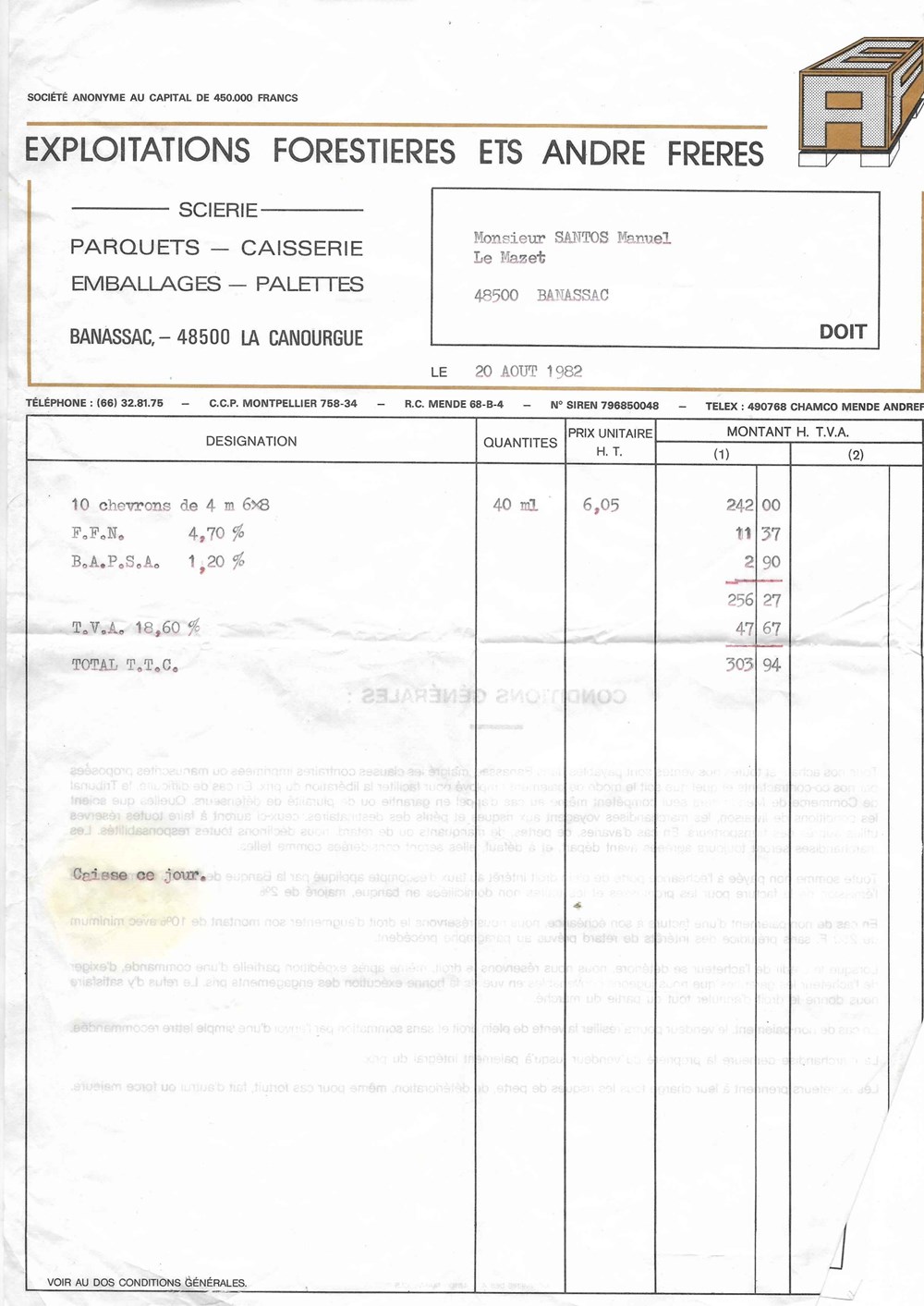 documents anciens factures commerciaux andre freres 1982