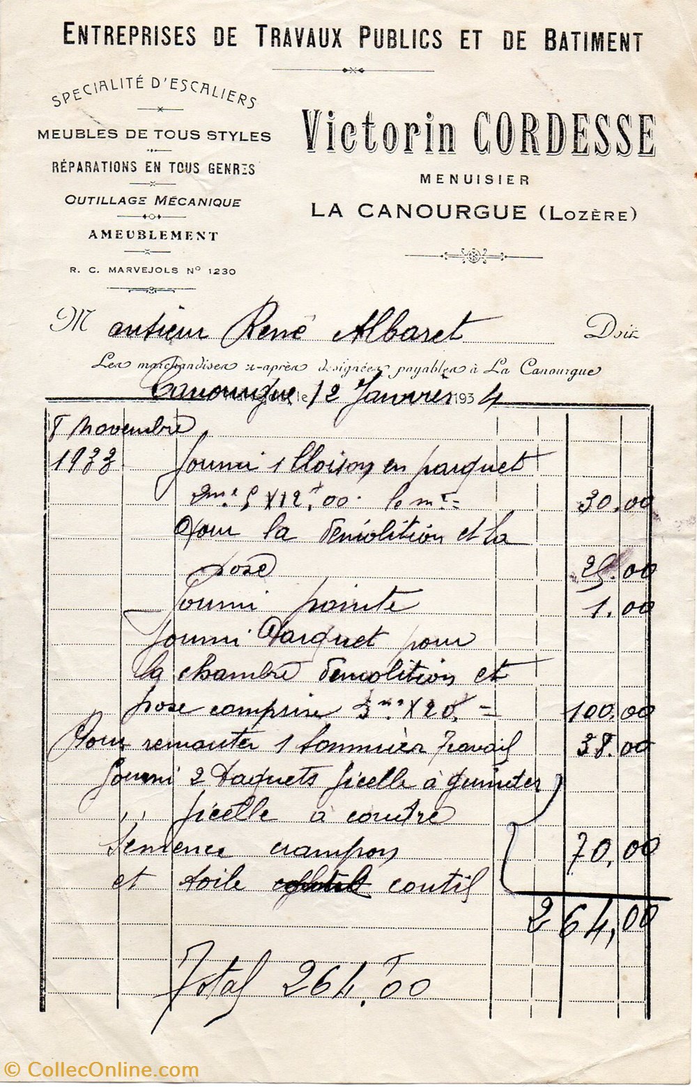 documents anciens factures commerciaux cordesse victorin 1934