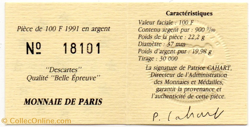 1991 - 15 écus/100 franc argent B.E. monnaies monde france 1991 15 ecus 100 franc argent b e