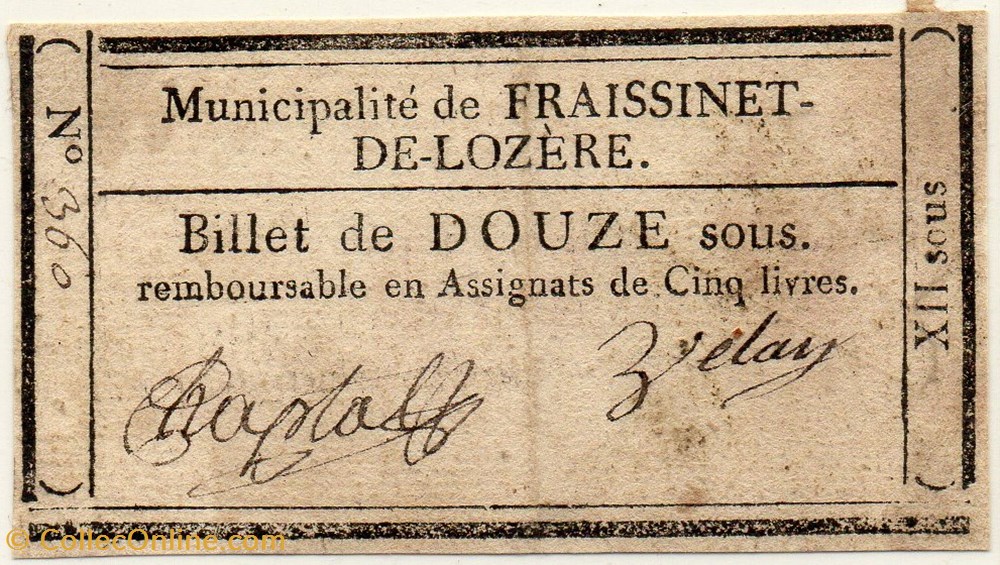 billets europe france billet de confiance fraissinet de lozere 12 sous