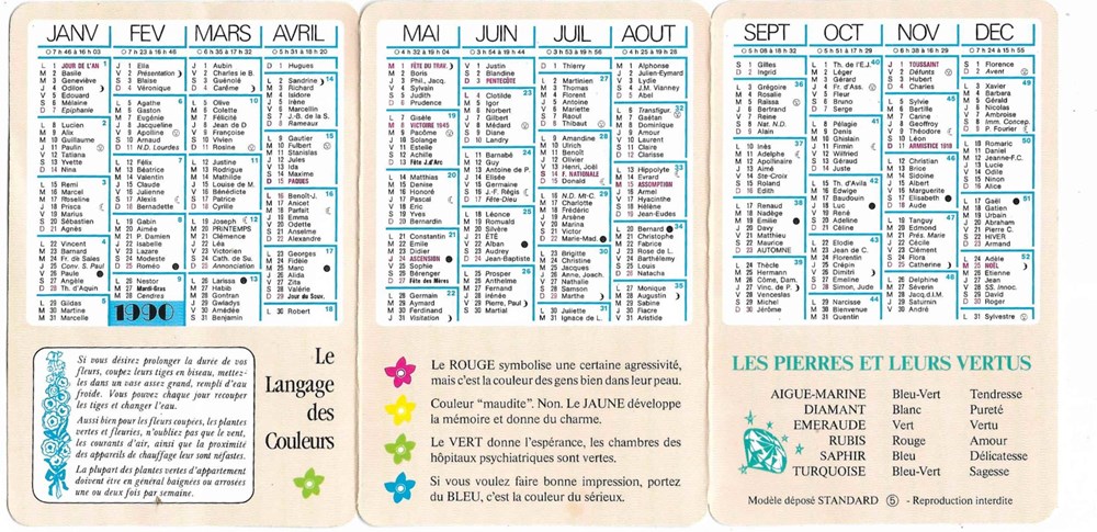 documents anciens menus 1990 calendrier fleuriste