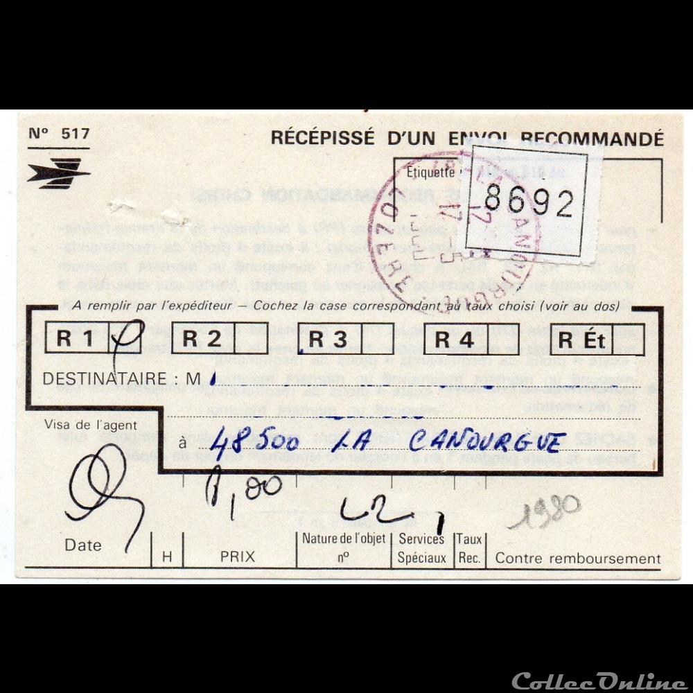 1980 - Type A9 sur récépissé de recommandé marque postale europe france 1980 type a9 sur recepisse de recommande