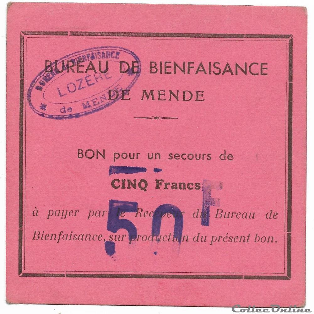 Bureau de Bienfaisance de Mende - 50 F billet france diver bureau de bienfaisance de mende 50 f