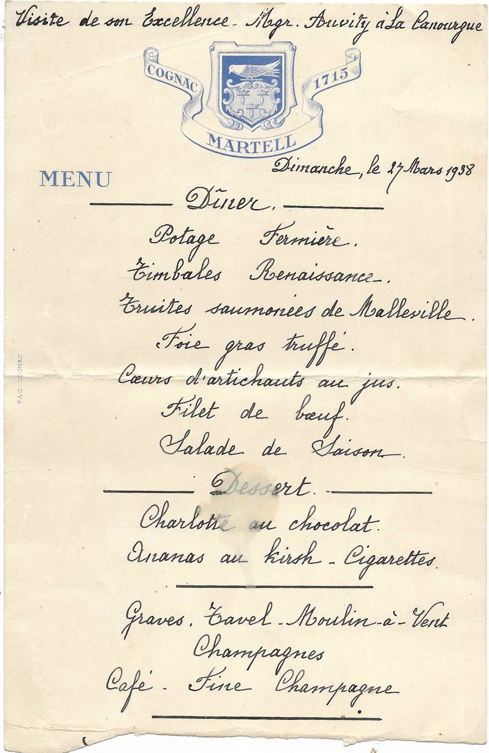 1938 - Menu - Visite de Monseigneur Auvity évêque de Mende documents anciens menus 1938 menu visite de monseigneur auvity eveque de mende