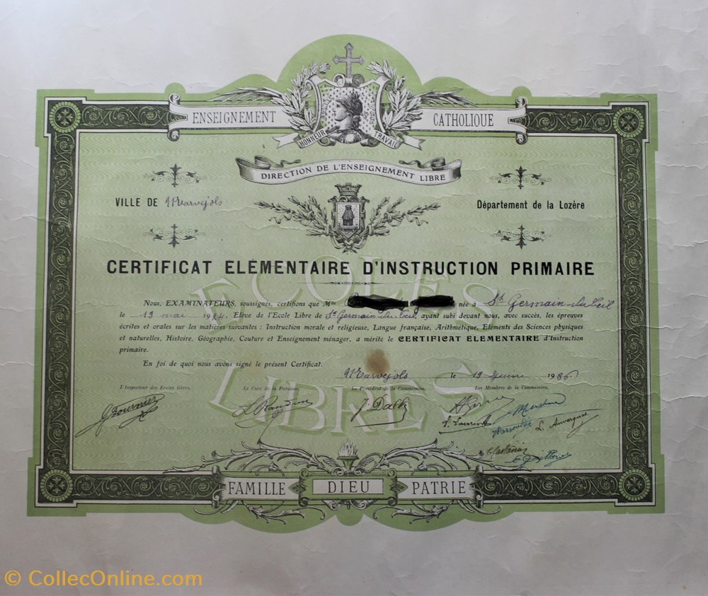 Certificat élémentaires d'instruction primaire 1936 documents anciens diplomes bulletins scolaires certificat elementaires instruction primaire 1936