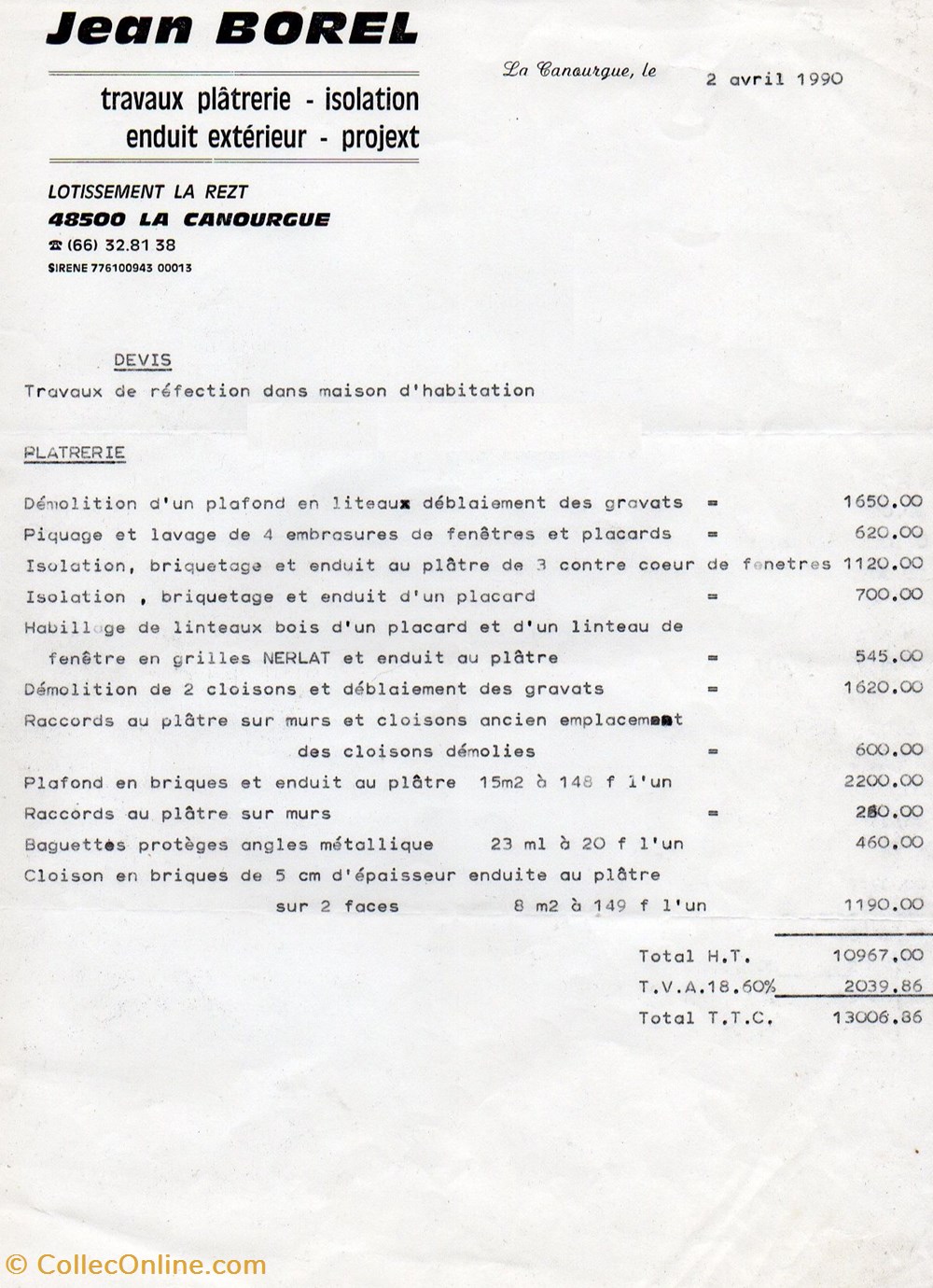 Borel Jean (1990) documents anciens factures commerciaux borel jean 1990
