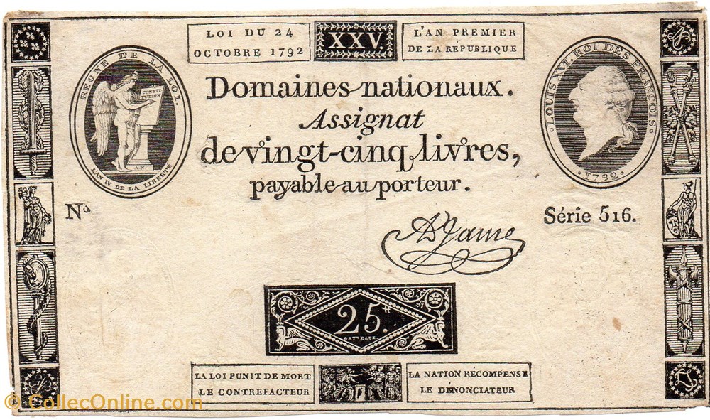 billets europe france assignat de 25 livres 24 octobre 1792