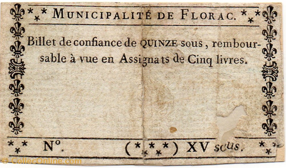 Billet de Confiance - FLORAC (Lozère) - 15 sous billets europe france billet de confiance florac lozere 15 sous