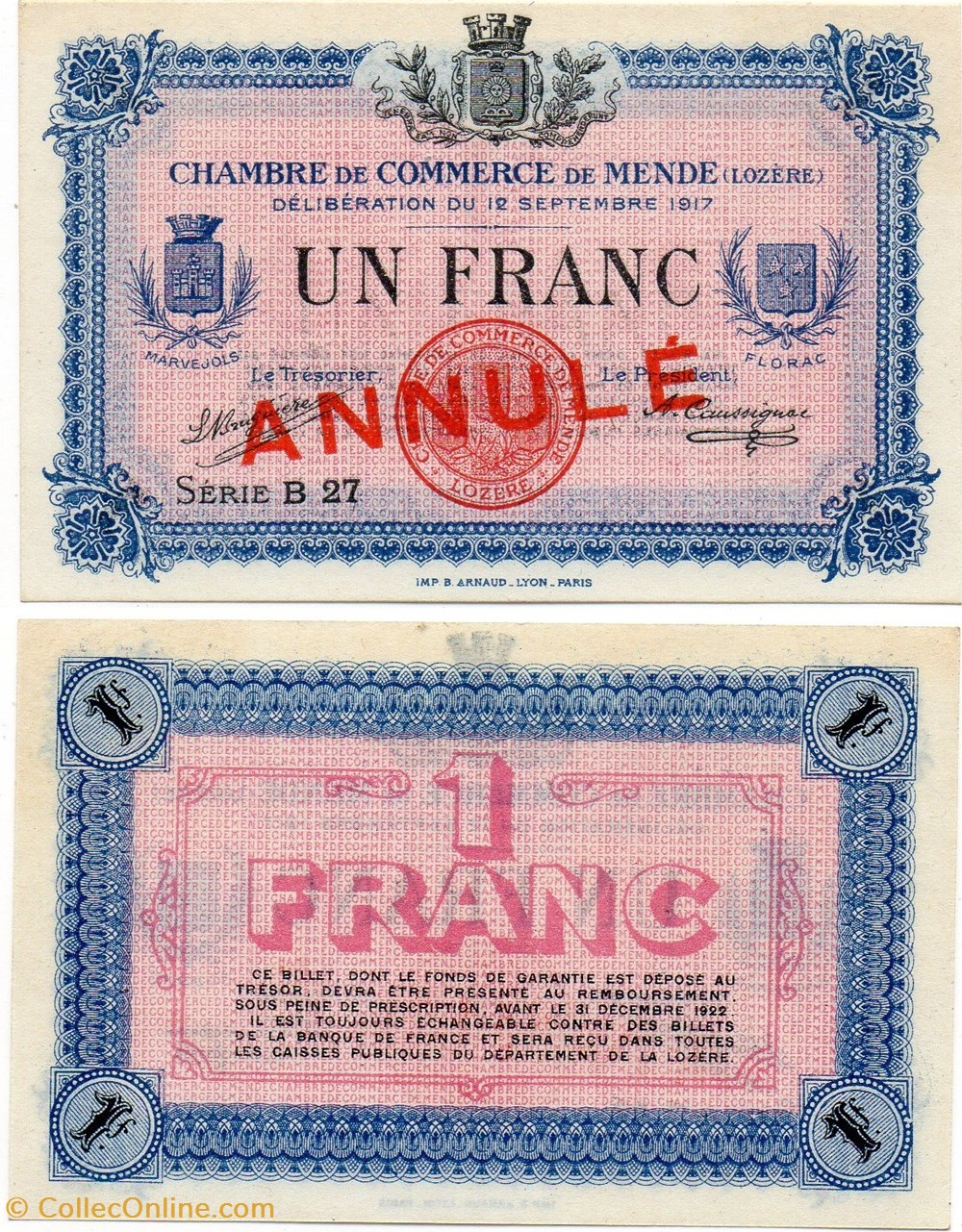 billets europe france 1 franc c c m serie b27 annule
