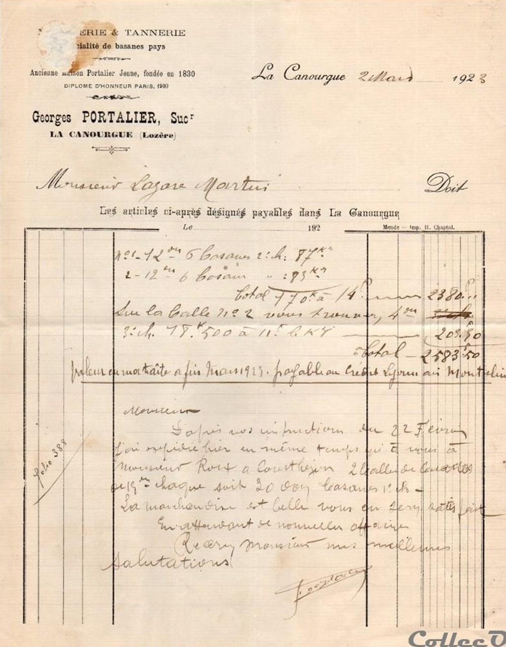 Portalier Georges (1923) documents anciens factures commerciaux portalier georges 1923