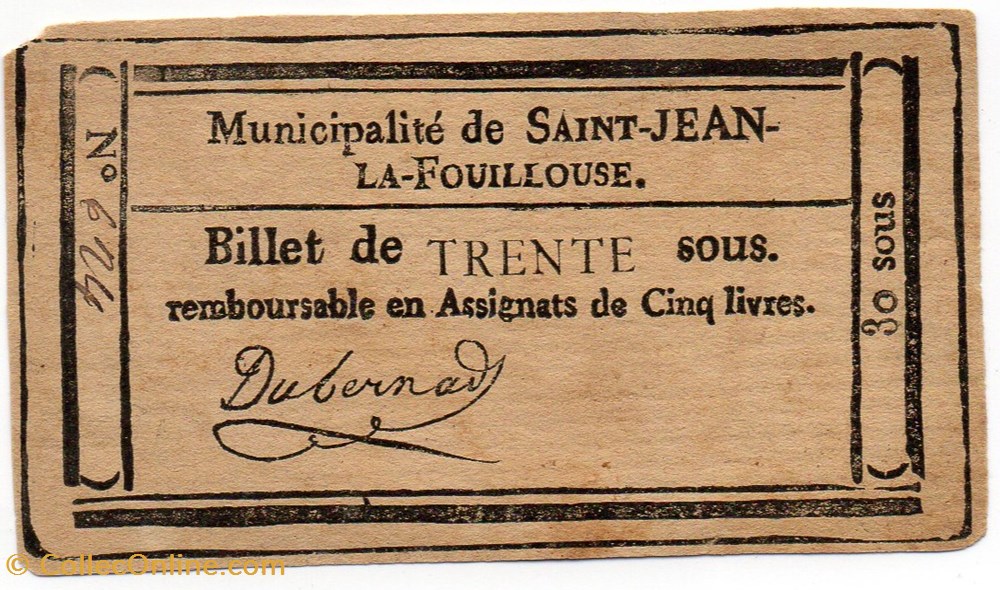 Billet de Confiance - St-JEAN-LA-FOUILLOUSE (Lozère) - 30 sous billets europe france billet de confiance st jean la fouillouse lozere 30 sous
