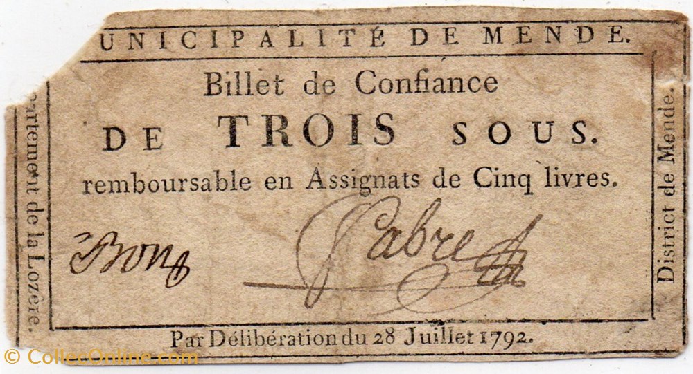Billet de Confiance - MENDE (Lozère) - 3 sous billets europe france billet de confiance mende lozere 3 sous
