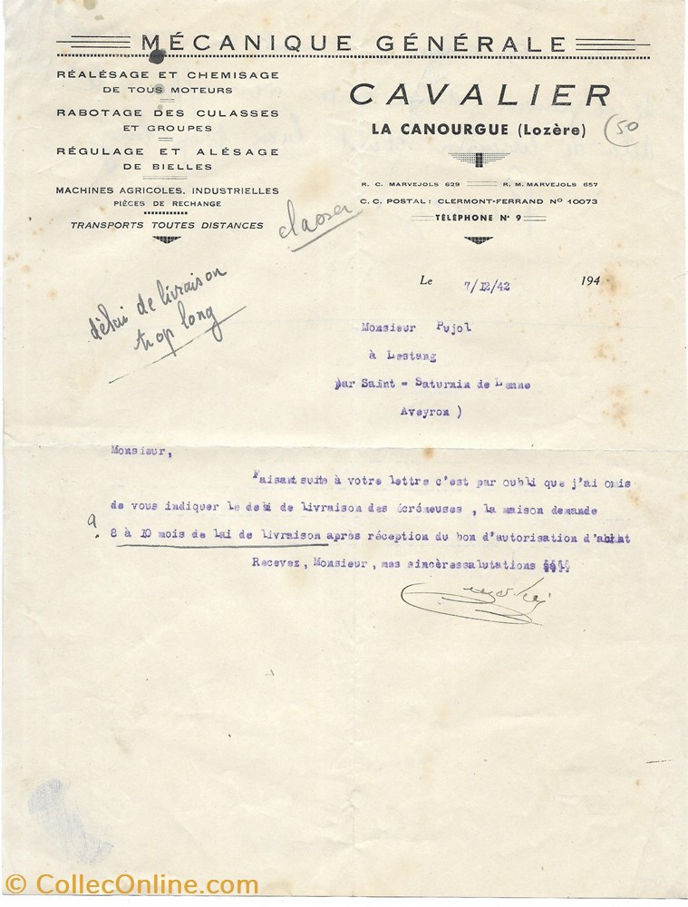 Cavalier (1942) vieux papier facture document commerciaux cavalier 1942