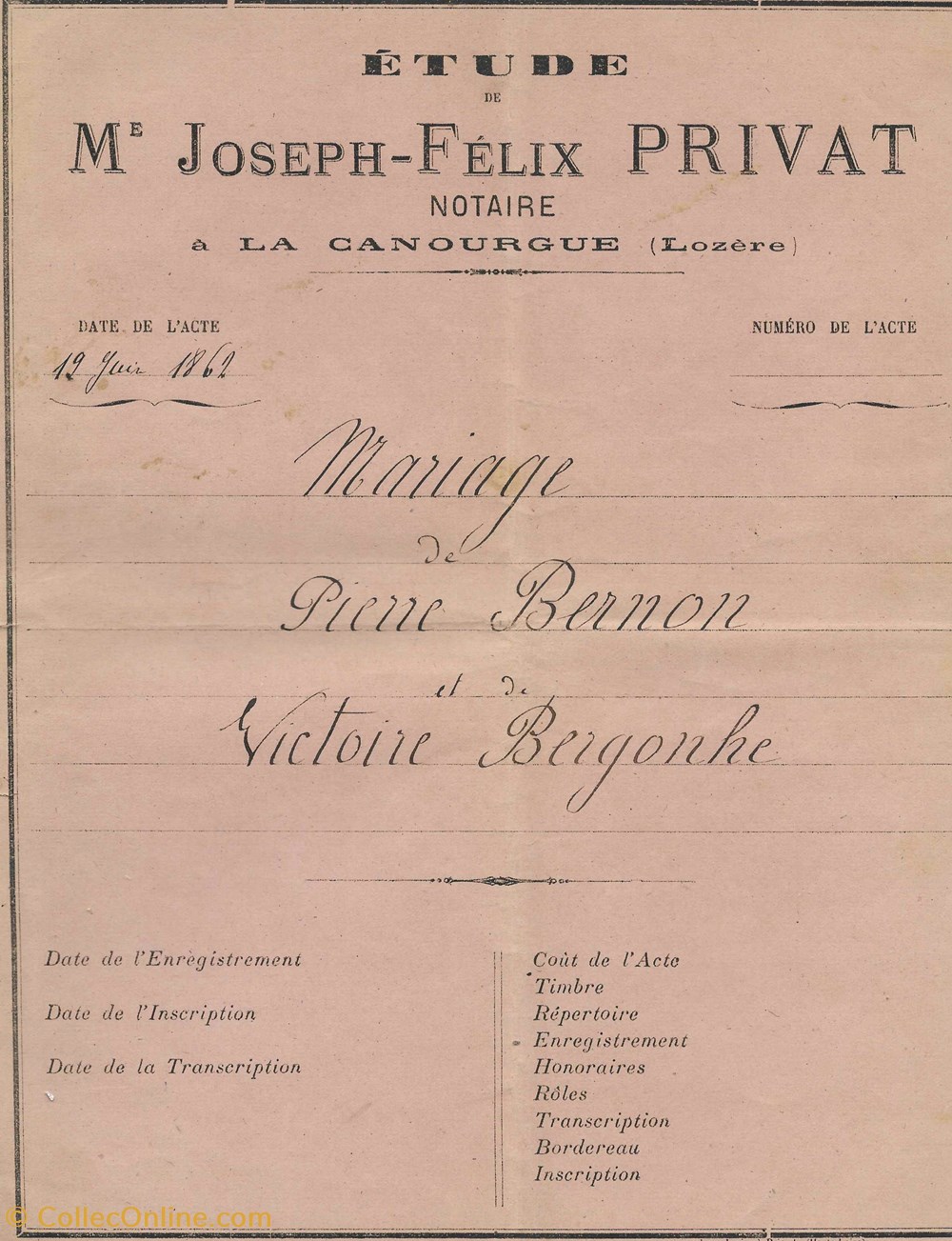 1862 - Mariage documents anciens autres 1862 mariage