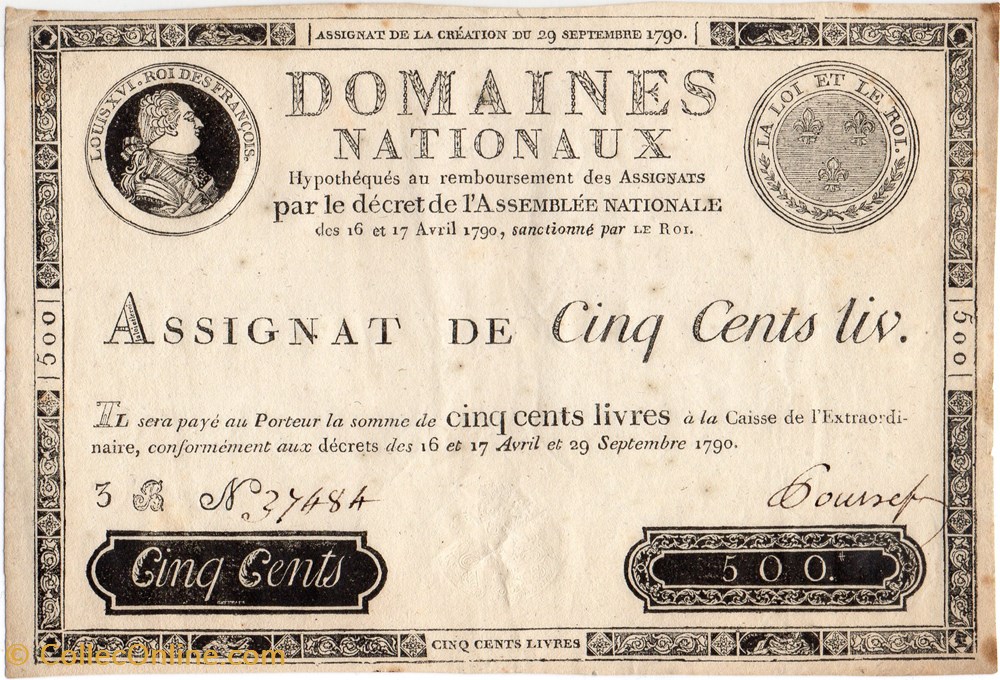 Assignat de 500 livres - 29 septembre 1790 billets europe france assignat de 500 livres 29 septembre 1790