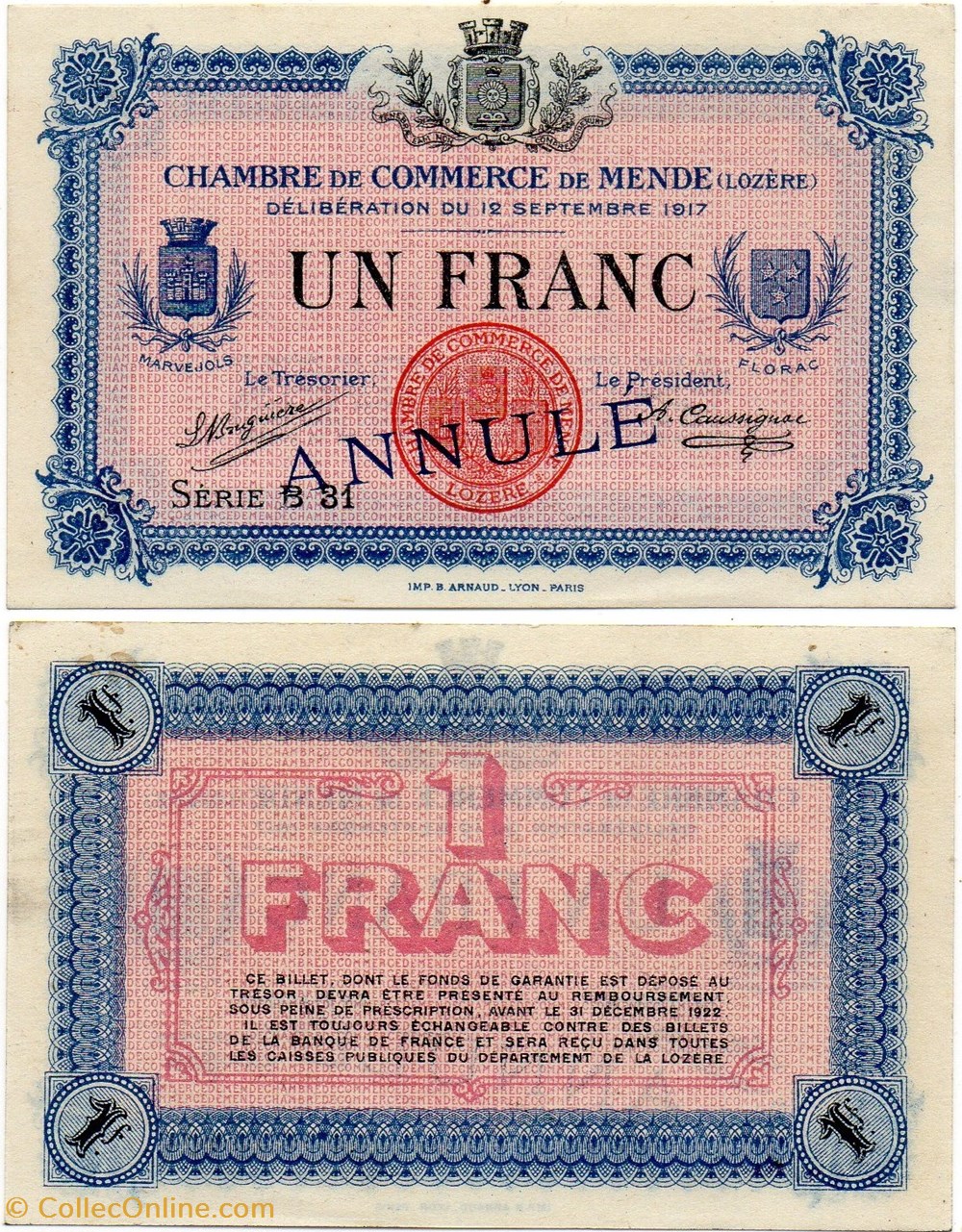 billets europe france 1 franc c c m serie b31 annule