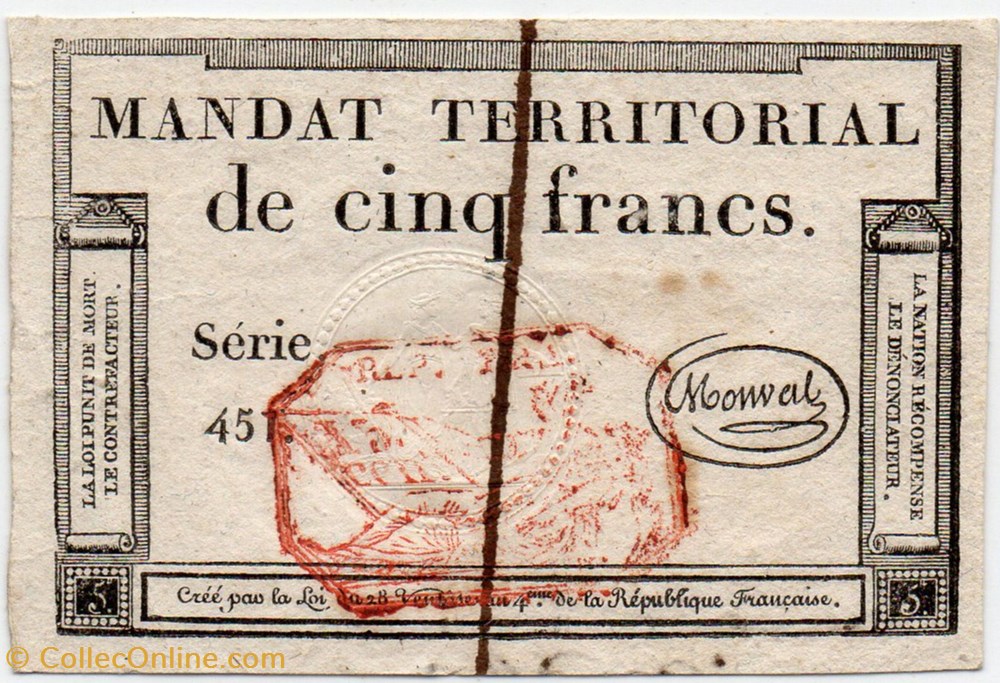 Mandat de 5 francs - 21 fructidor AN VI billets europe france mandat de 5 francs 21 fructidor an vi
