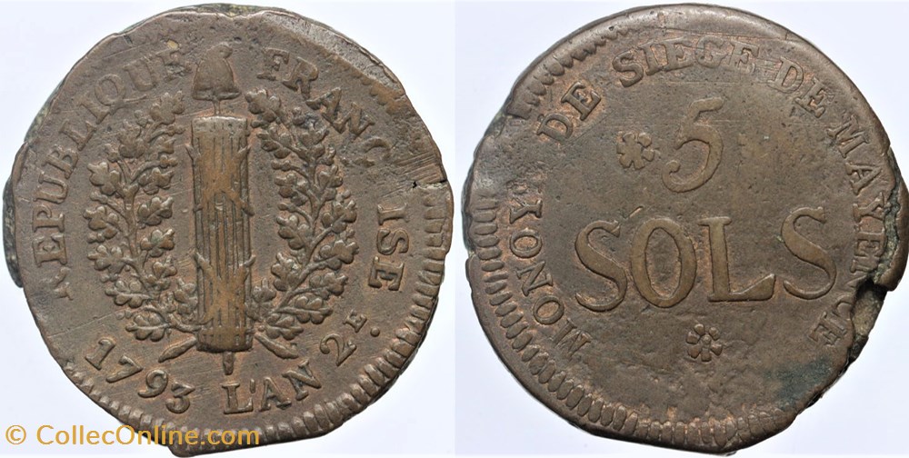 1793 - Convention - 5 sols du Siège de Mayence monnaies monde france 1793 convention 5 sols du siege de mayence