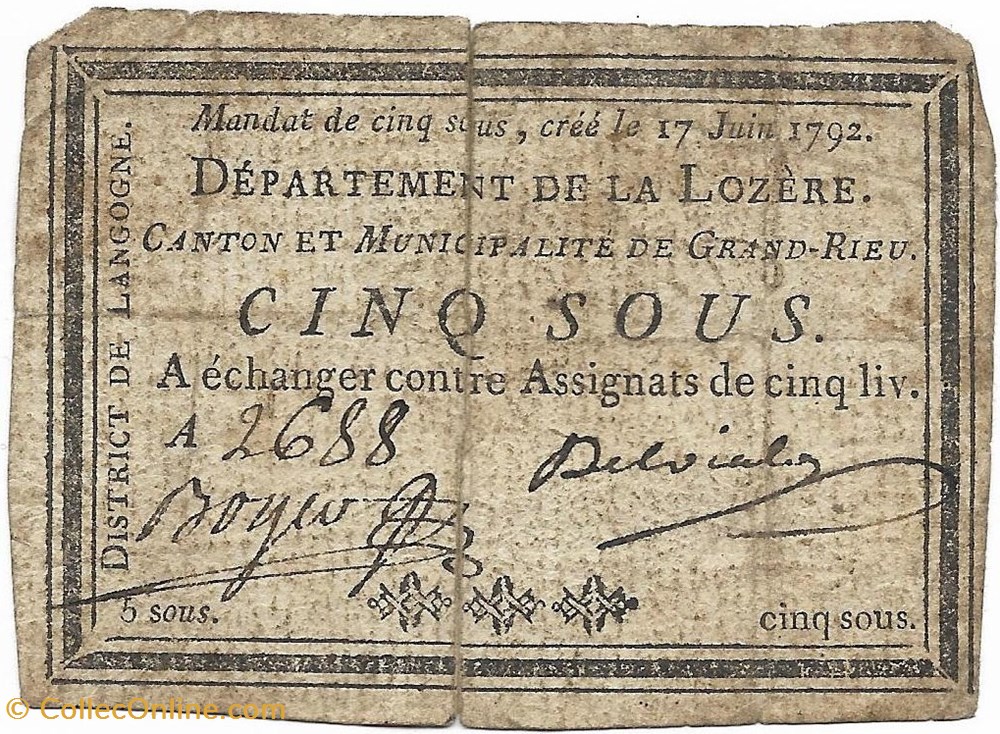 billets europe france billet de confiance grandrieu lozere 5 sous