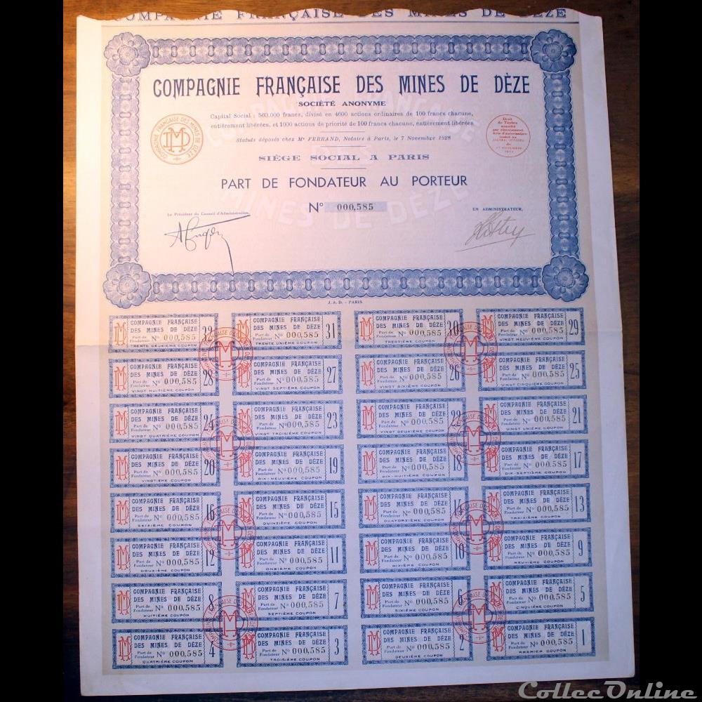 vieux papier action titre montre ancienne 1928 mines de deze