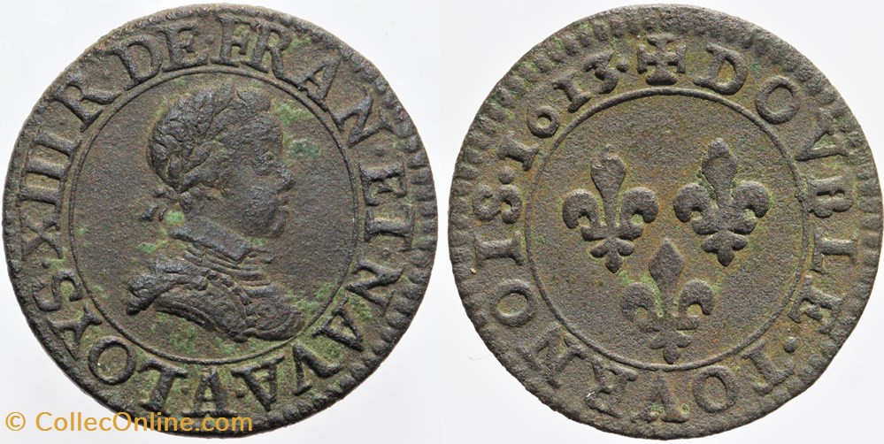 Dy 1360 - Louis XIII - Double tournois - 1613, Paris monnaies europe medievale france royales dy 1360 louis xiii double tournois 1613 paris