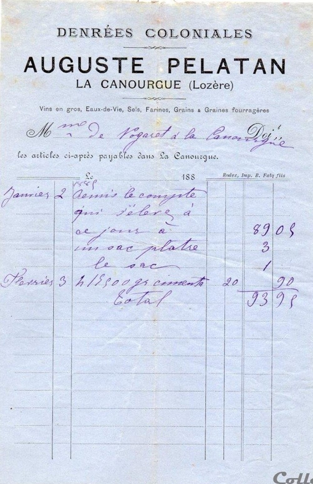 Pelatan Auguste (1885) documents anciens factures commerciaux pelatan auguste 1885