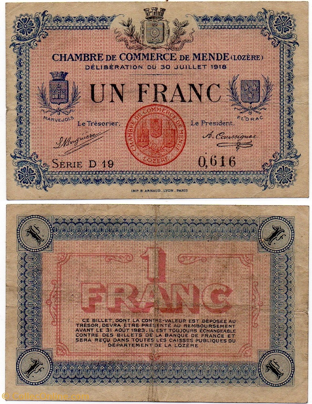billets europe france 1 franc c c m serie d19