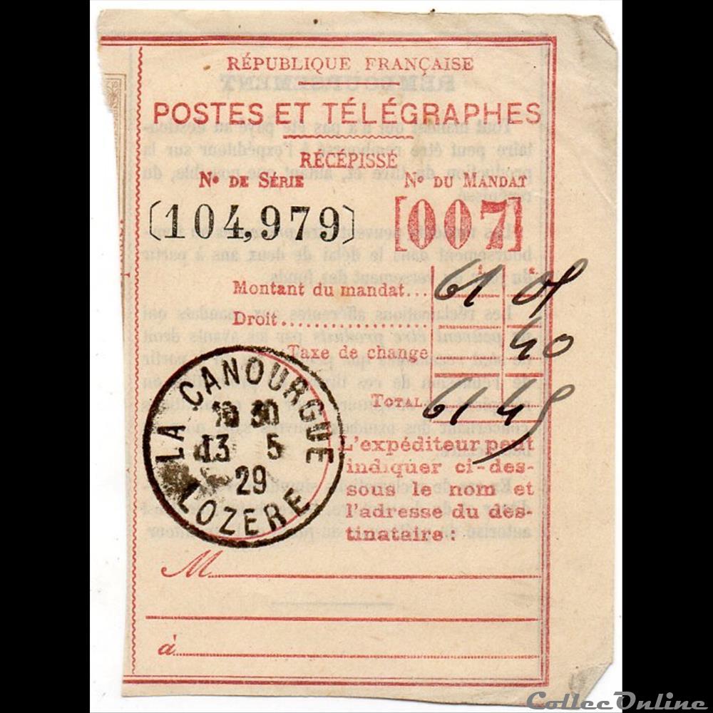 1929 - Cachets type A4 sur récépissé marque postale europe france 1929 cachets type a4 sur recepisse