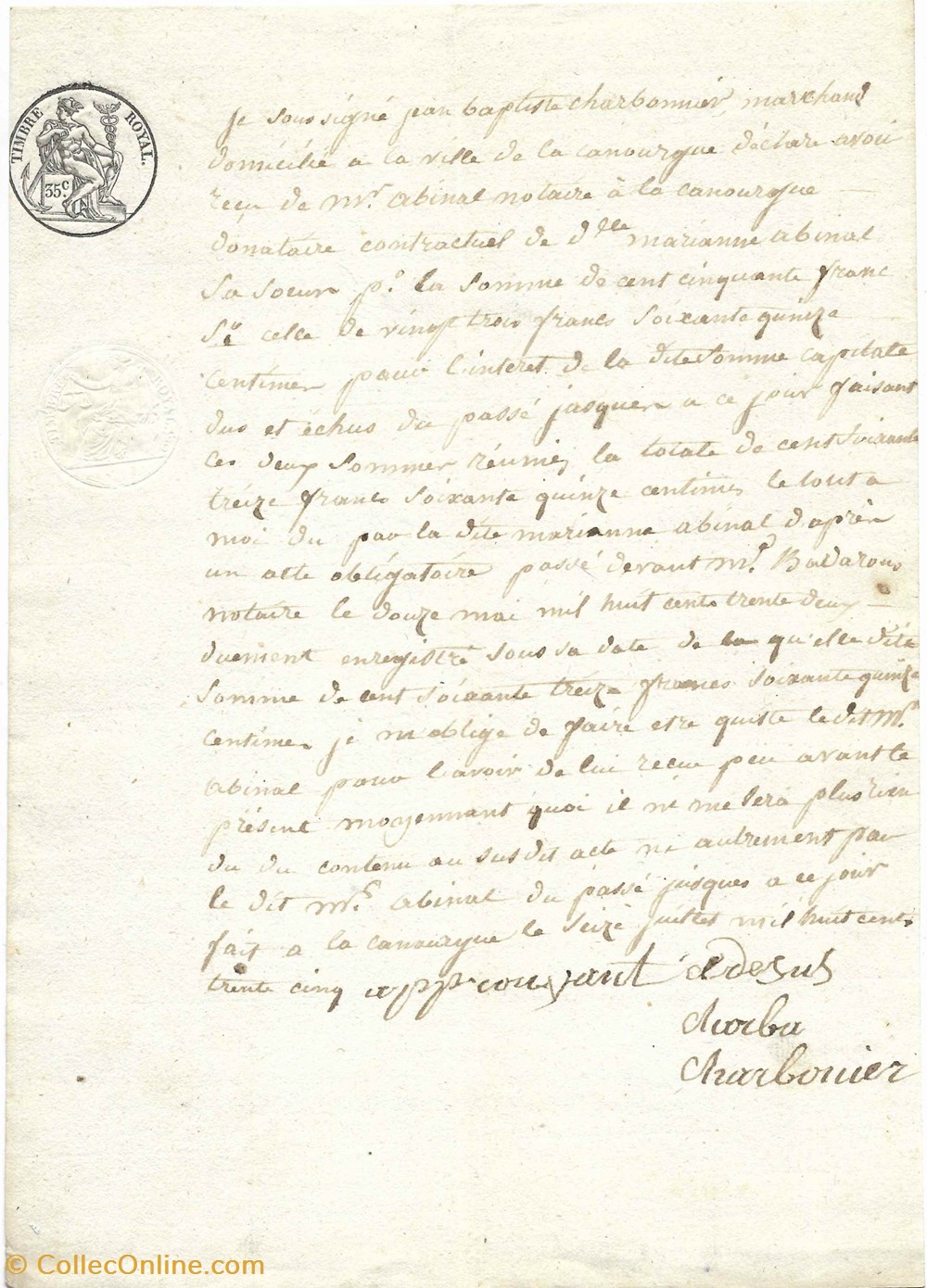 documents anciens autres 1835 recu