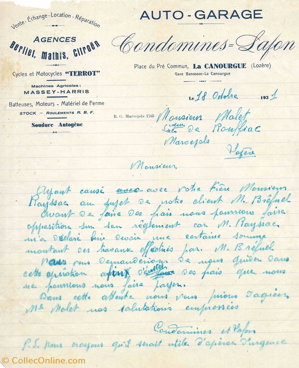 Condomines - Lafon (1931) documents anciens factures commerciaux condomines lafon 1931