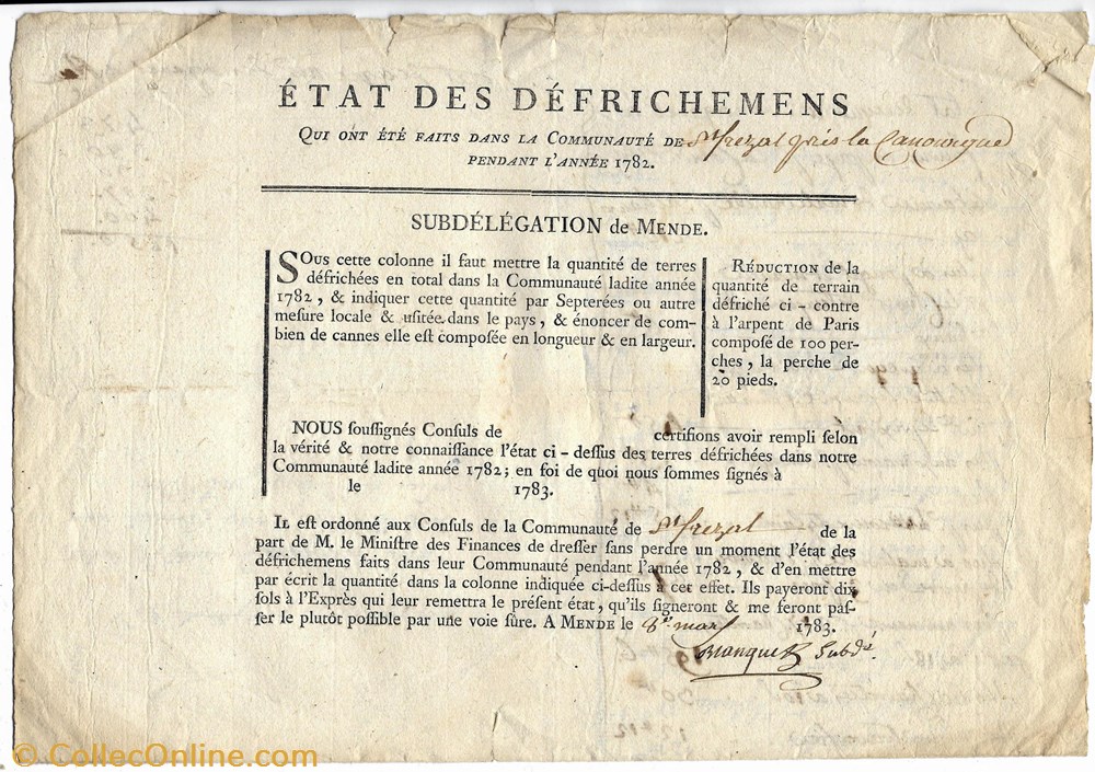 documents anciens autres 1783 etat des defrichements de st frezal a la canourgue