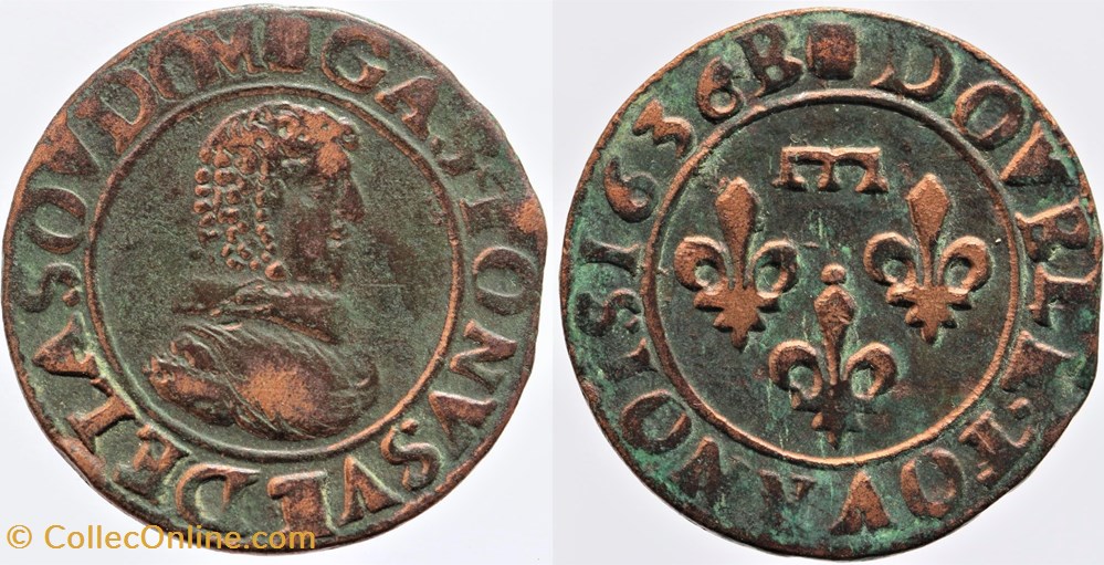 Dombes - Gaston - Double tournois - 1636 monnaies france feodales dombes gaston double tournois 1636