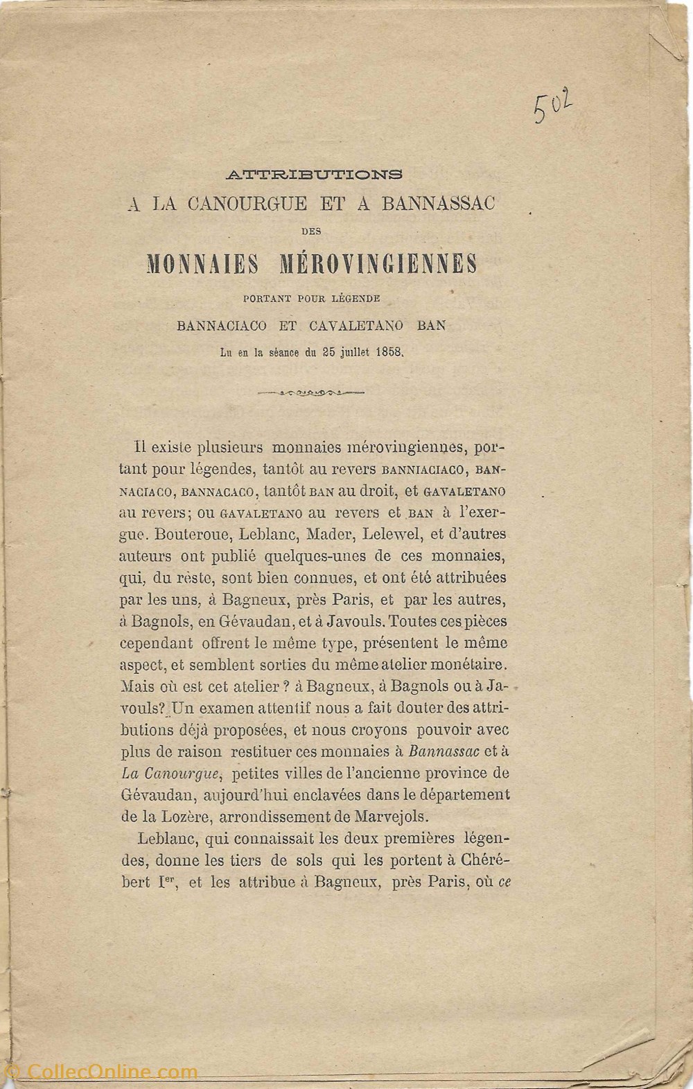 monnaies livres ouvrages 1858 attributions a la canourgue et a banassac