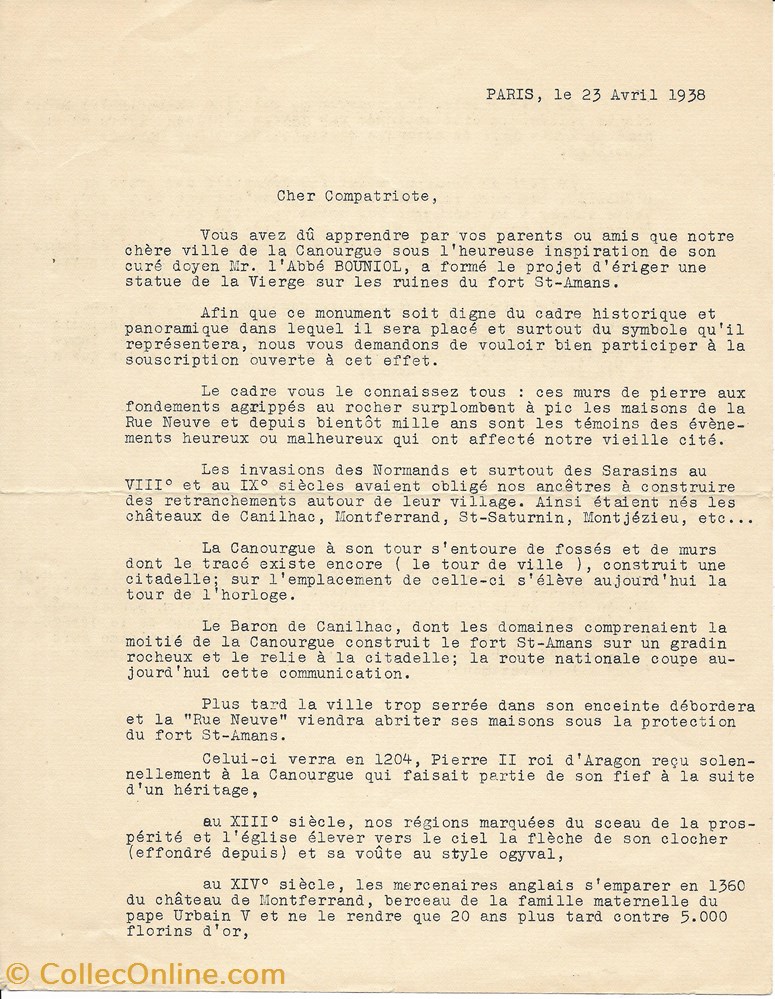 1938 - Souscription, Statue de la Vierge documents anciens autres 1938 souscription statue de la vierge