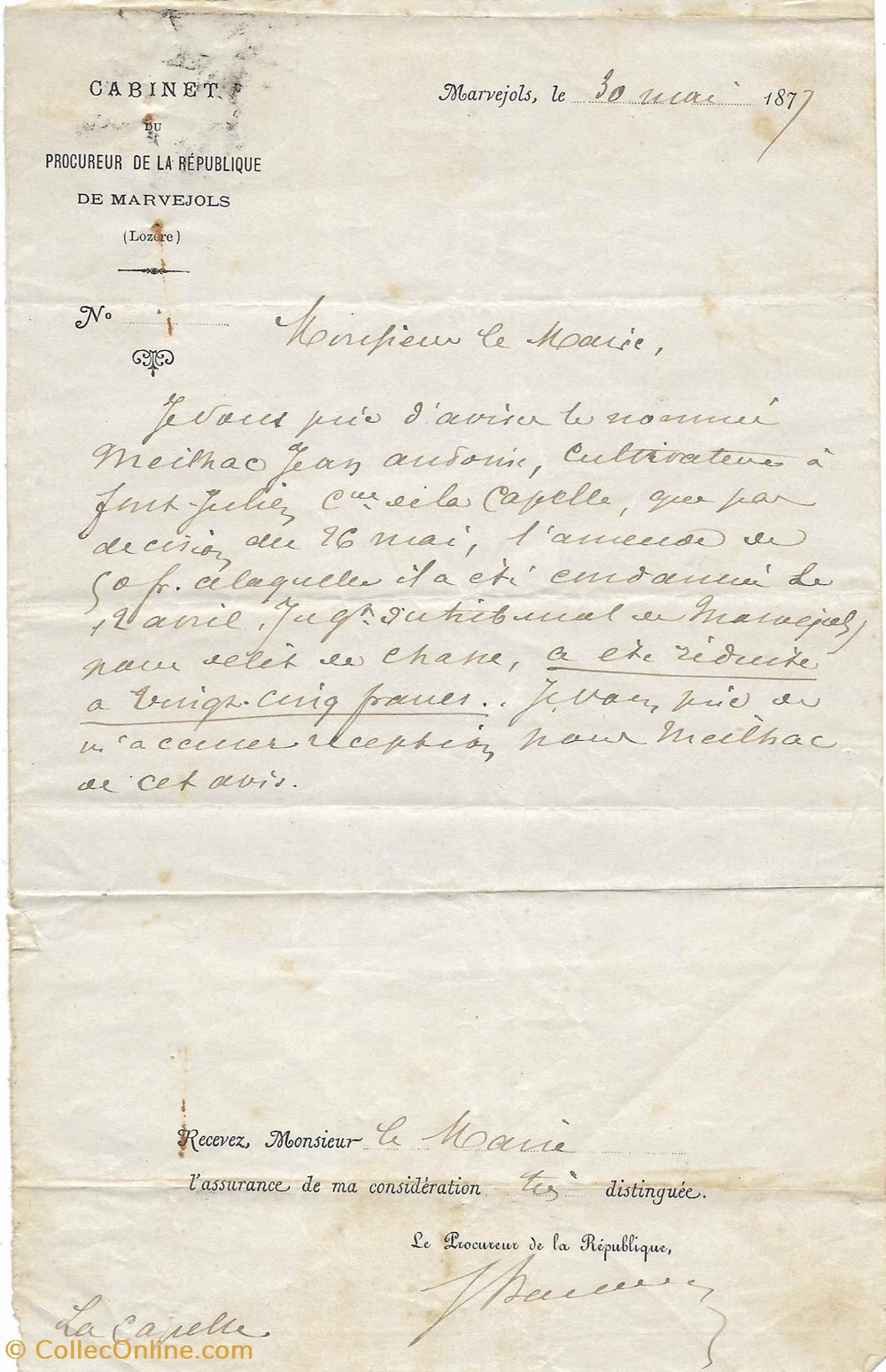 1877 - Réduction d'amende pour délit de chasse documents anciens autres 1877 reduction amende pour delit de chasse